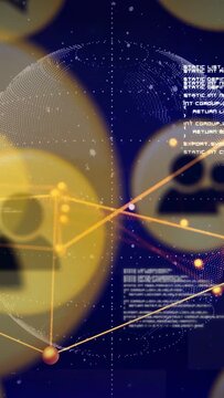 Network map rotating globe and forming user badges with linking lines showing data flow on playback
