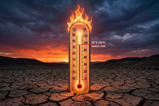 Dramatic sunset over dry earth day with a burning thermometer showing danger zone temperatures