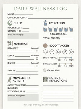 Daily Wellness Log Printable with Sleep Hydration Nutrition and Mood Tracker Template