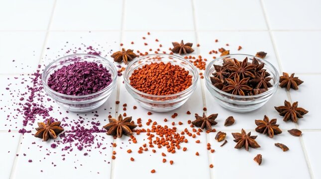 Vibrant Assortment of Spices: Star Anise, Orange Annatto Seeds, and Purple Amethyst Sumac Sprinkled on a White Surface