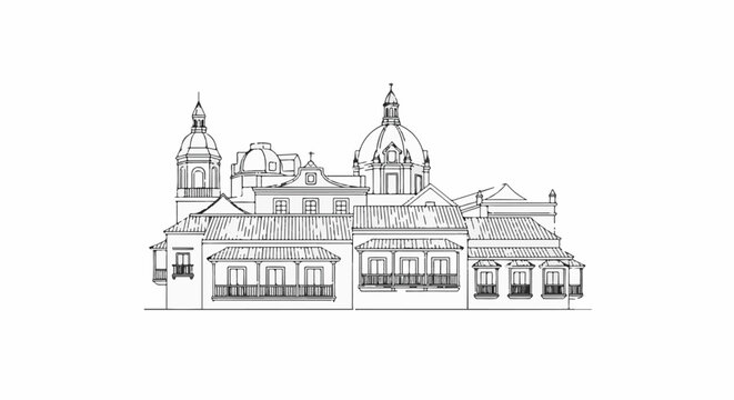 A detailed sketch of a colonial-style building with multiple domes and balconies