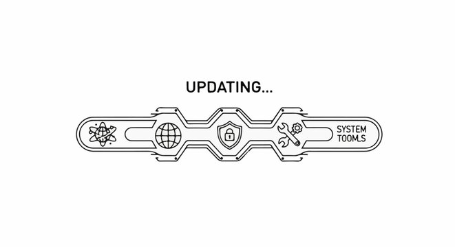A digital progress bar displays "UPDATING..." with icons representing globe, lock, and tools