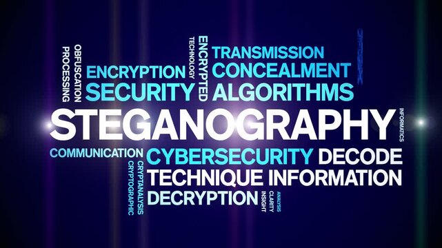 Steganography animated word cloud-text design animation tag kinetic typography seamless loop.