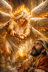 Fototapeta premium Seraph flying toward Isaiah with glowing coal in tongs.