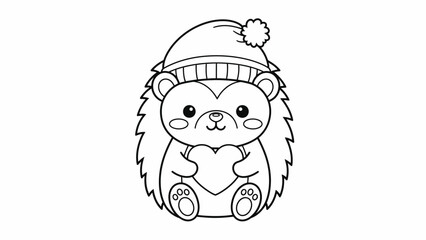 Cute cartoon hedgehog holding a heart and wearing a winter hat, line art coloring page for kids © Umi