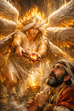 Seraph flying toward Isaiah with glowing coal in tongs.