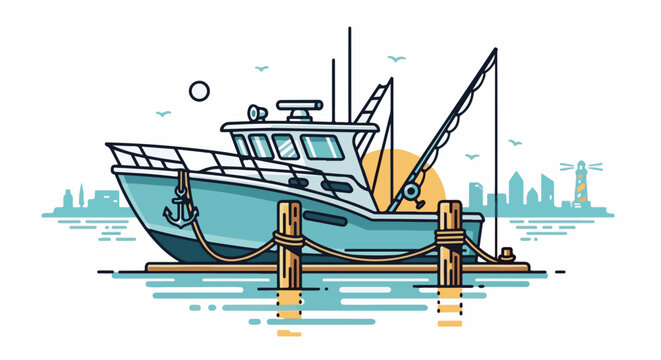 A light blue fishing boat is moored to a dock with a city skyline and lighthouse in background