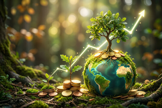 Small tree sprouts from earth globe covered in coins, growth chart shows global financial progress, eco concept