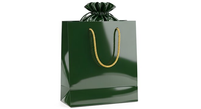 Green gift bag with golden rope handle and drawstring top.