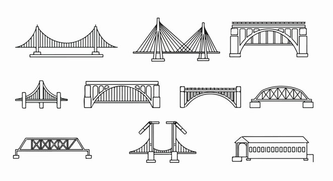 A collection of black and white line drawings of various bridge designs