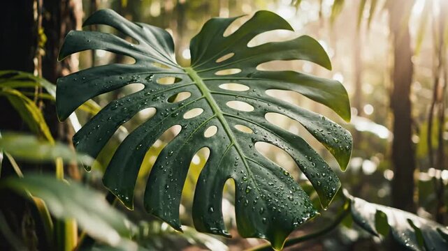 Close up of a large green monstera leaf with water drops in a lush forest