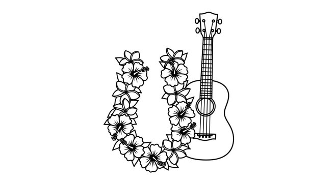 Guitar decorated with flower garland closeup.