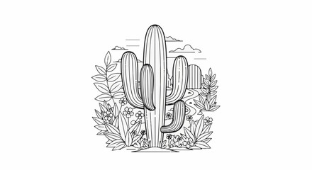 A desert landscape unfolds with a tall saguaro cactus at its center