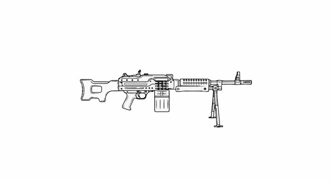 A line drawing of a machine gun with a bipod and a magazine attached