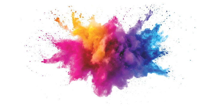 A vibrant explosion of colorful powder particles captured against a solid white studio background