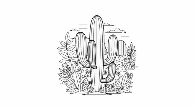A desert landscape unfolds with a tall saguaro cactus at its center