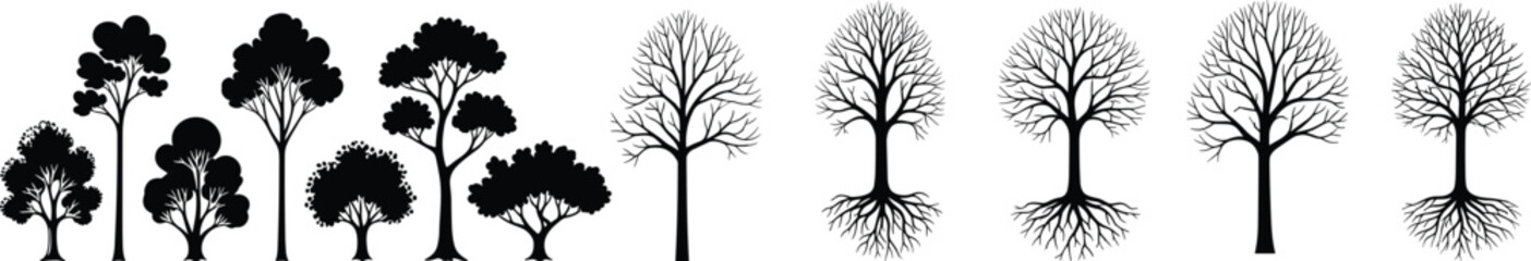 Obraz premium Tree silhouette set and black forest vector collection with leafy branches dry winter oak and detailed root systems for environment design landscape elements 