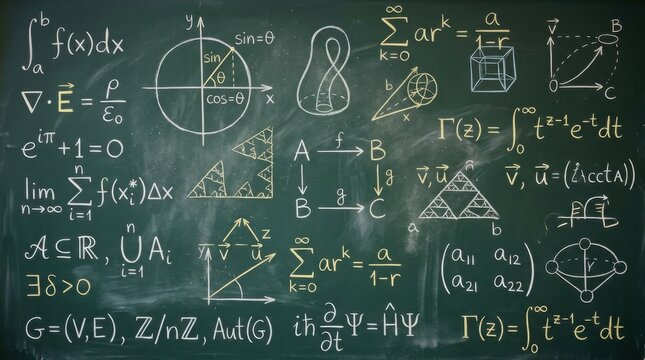 Mathematical equations and geometric shapes illustrated on a chalkboard, featuring calculus, algebra, and geometry symbols in white and yellow chalk