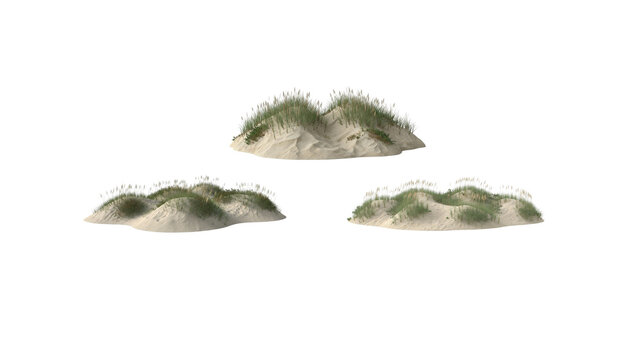 Sand dunes with grass isolated on transparent background, coastal landscape.