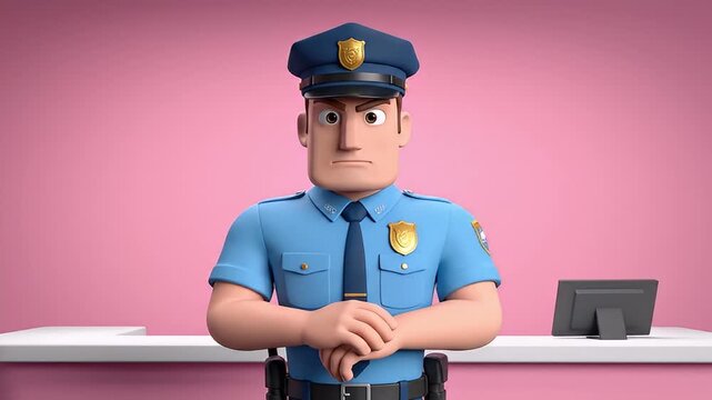 Cartoon Police Officer Meditating at Desk Pink Background
