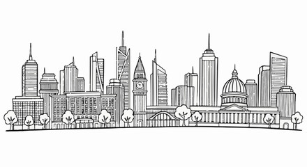 Obraz premium A hand-drawn line art skyline features diverse architectural styles, including skyscrapers and a domed building