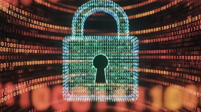 Digital lock with binary code background for corporate presentations, business marketing, and commercial use