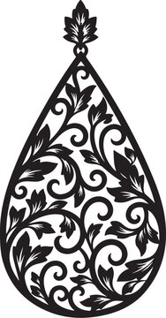 Black floral teardrop pendant, filigree jewelry design, ornate leaf pattern, vector illustration