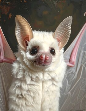 A close-up of a white bat with large ears