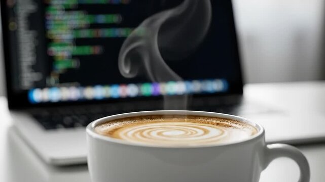 Hot Steaming Coffee Cup on Desk with Laptop Displaying Software Code