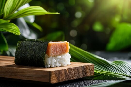 Delicious hawaiian breakfast with spam musubi in tropical setting