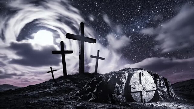 A dramatic depiction of a stone tomb with crosses silhouetted against a starry night and a bright moon.