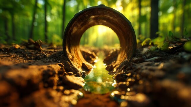 dystopian landscape, Reclamation of Nature's Triumph: Decay of Infrastructure Resurfacing in Forests ESG Collapse - Moody Lighting Wide Shot