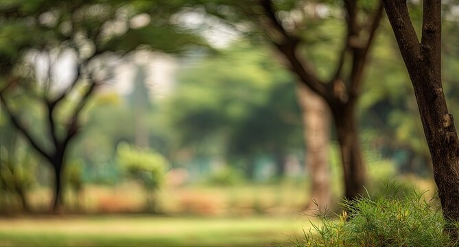 Soft-focus park scene with blurred trees and greenery; foreground tree trunk and grass