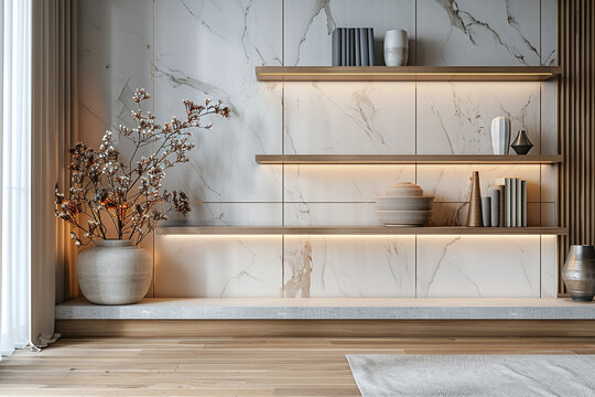 Modern japanese style study with natural wood, greenery, and a calming ambiance. Professional backdrop setting for remote work, video calls and creative inspiration.