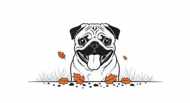 A happy pug with tongue out, surrounded by autumn leaves and grass