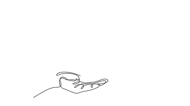 Animated self drawing of continuous line draw of  Hand releasing dove of peace     Full length one line animation. 4K