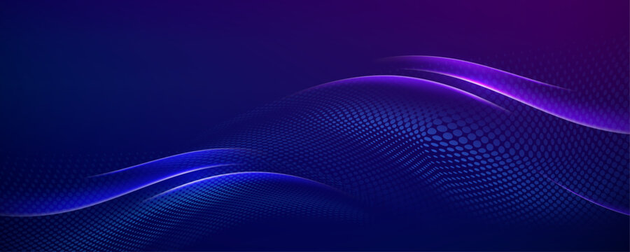 Dynamic glowing blue and purple waves with halftone mesh background