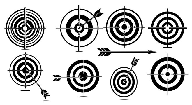 Arrows hand drawn set with black curved lines and targets for archery practice featuring bullseye, aim, shooting with sport and competition elements