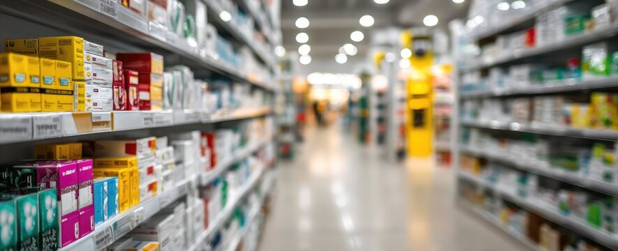 Blurred wide shot of a retail store aisle with shelves stocked with various products
