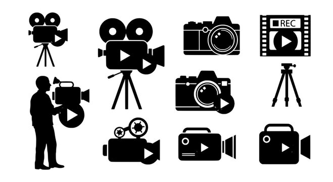 Camera media icons set with video play, record, lens closeup, and movie clapper symbols for production branding