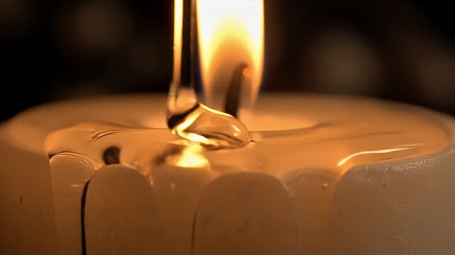 Close up of a lit candle with dripping wax and a stream of liquid