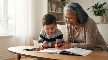 Fototapeta premium Smiling senior woman and young boy coloring with pencils in a bright living room at a wooden table, capturing a tender family moment for Mother's Day product mockup design