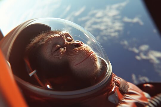 Futuristic monkey in space suit experiencing outer space adventure