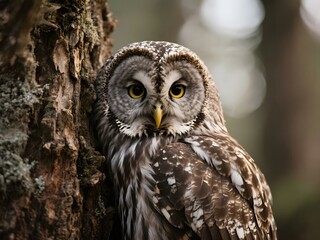 Fototapeta premium Camouflaged Owl Blending into Tree Bark in Forest Close-Up Wildlife Photography