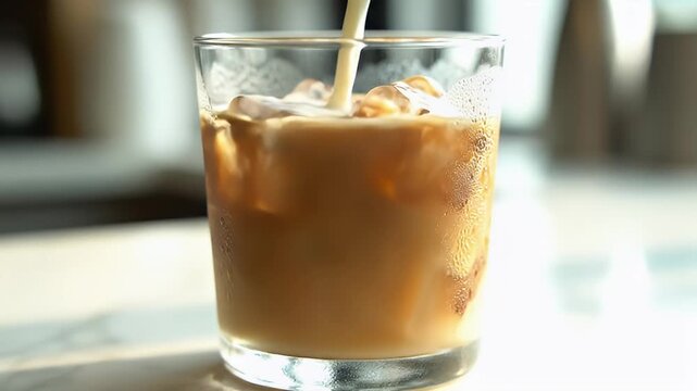 Pouring Cream into Iced Coffee Drink with Ice Cubes in Glass