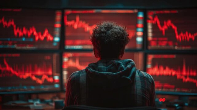 Financial Data Analysis: A person attentively monitors a series of computer screens displaying real-time financial data, conveying the complexities of markets