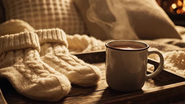 Cozy scene with warm socks steaming mug and wooden tray on a bed