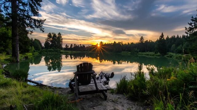 An Adirondack chair faces a tranquil lake reflecting a sunset amidst trees