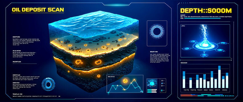 Futuristic oil deposit scan interface. Digital HUD dashboard showing 3D cross-section of ocean floor with glowing energy resources, depth analysis, and seismic data charts.
