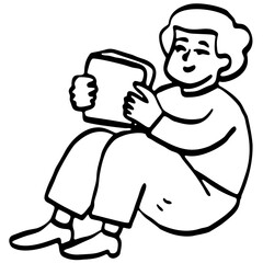 Obraz premium Minimalist Black and White Woman Reading Book Illustration, Simple Line Art Character, Cozy Sitting Pose